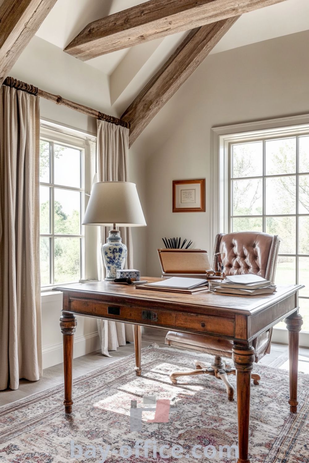 Elegant French country home office with honey-colored wood beams, antique desk, natural light, and lavender decor, designed to foster creativity and productivity. Discover inspiring decor ideas for small spaces at bay-office.com.