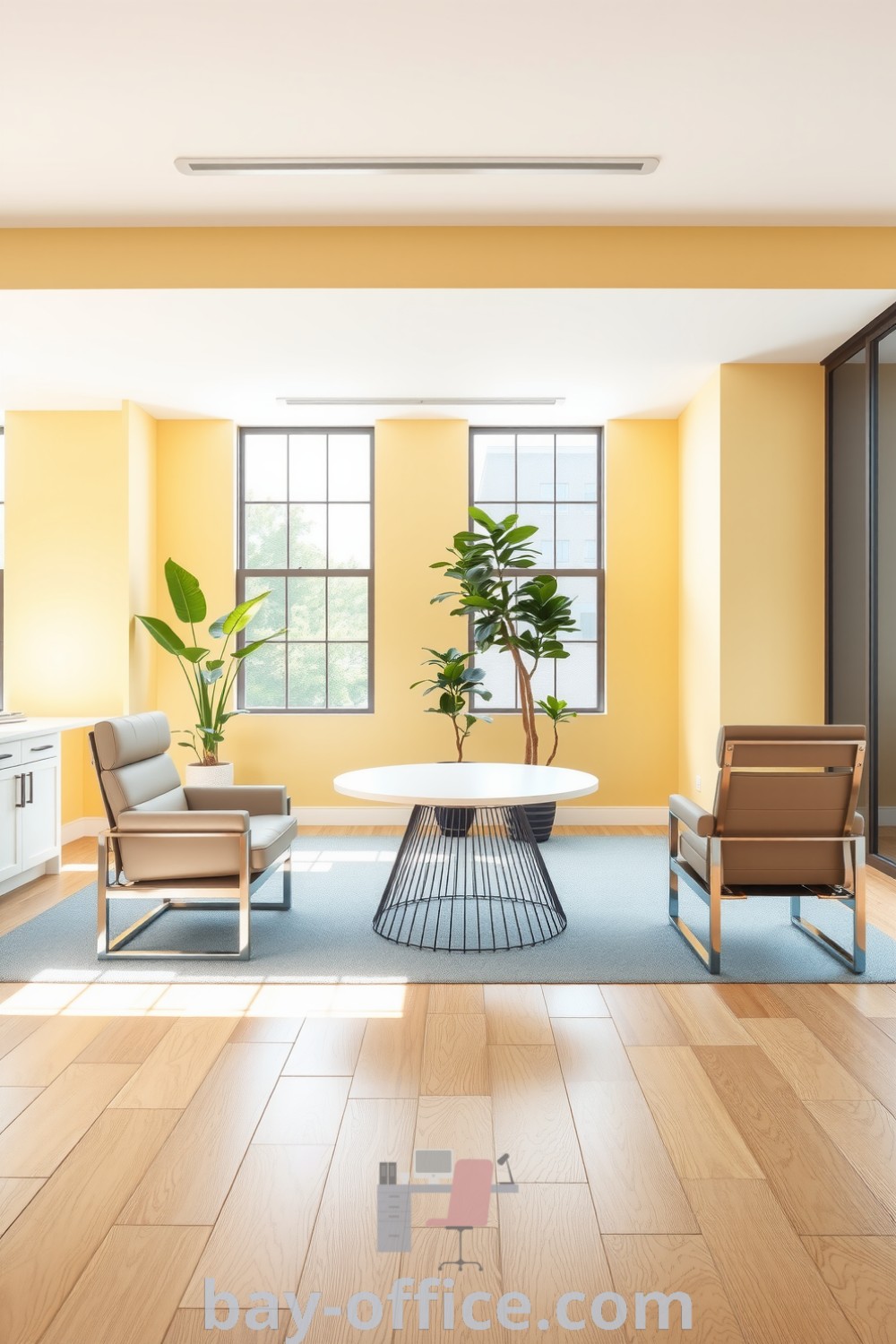 Minimalist corporate office with soft yellow walls, sleek metal furniture, and large windows. The decor blends modern and cozy elements, enhancing creativity and productivity in a warm environment. Discover more inspiring ideas at bay-office.com.