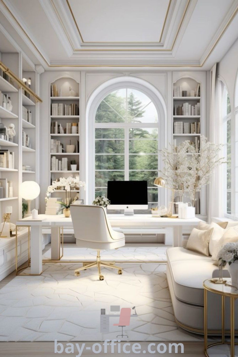 Feminine home office with white furniture, lots of bookshelves, and a cozy atmosphere. Perfect for inspiring productivity with beautiful decor ideas. Explore stylish home office layouts and design tips at bay-office.com.