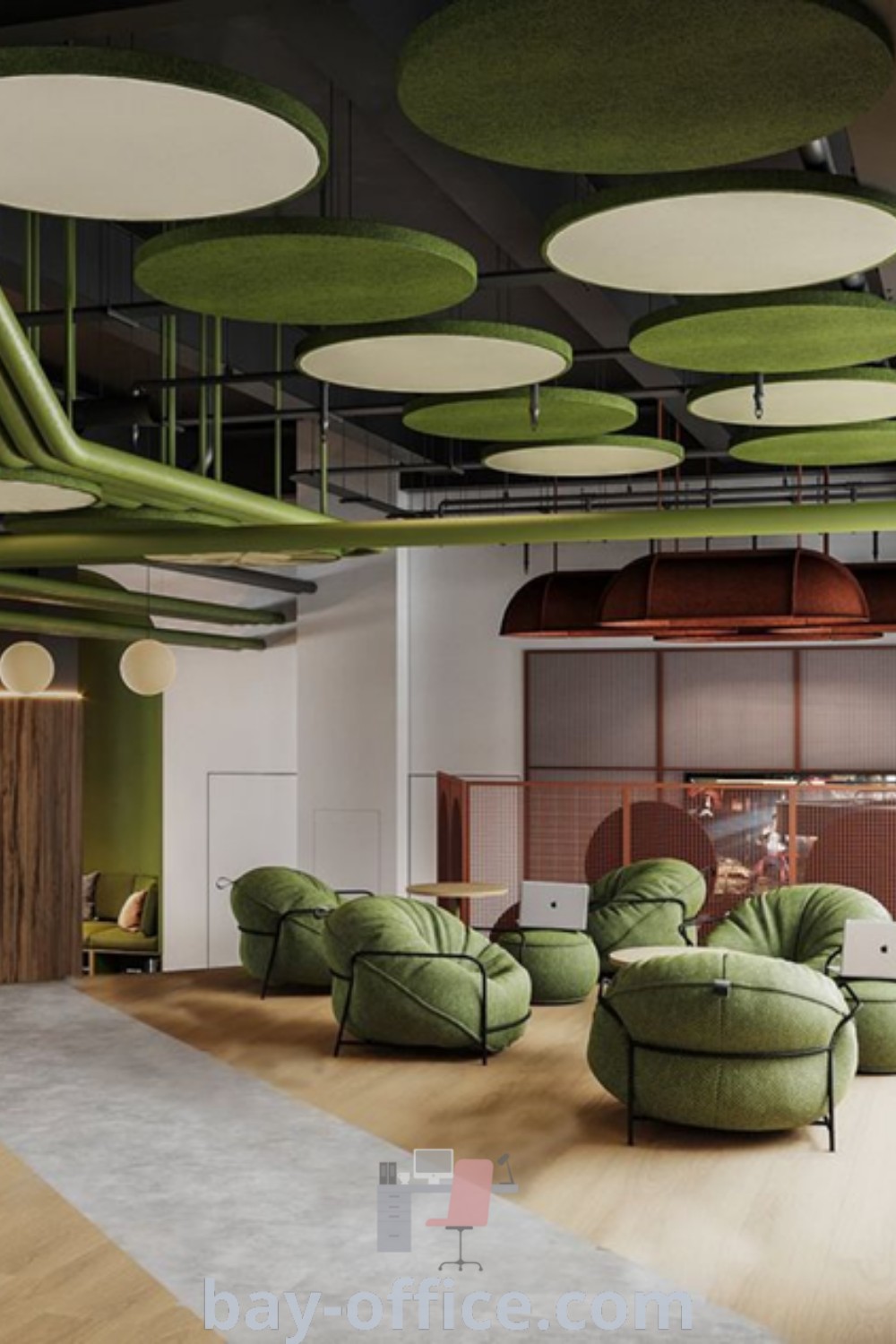 Large open office space with green chairs and round lights, showcasing inspiring design ideas and workplace aesthetics. Experience the comfort of a well-designed corporate office environment that enhances productivity and creativity at bay-office.com.