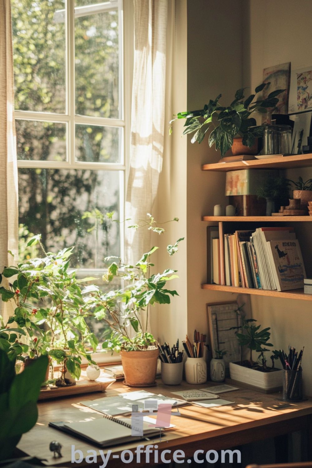 Cozy Scandinavian home office featuring beige walls, natural wood accents, a light-toned desk by a window, and plants. This serene design blends minimalism with warmth, inspiring productivity and comfort in small spaces. Explore design tips at bay-office.com.