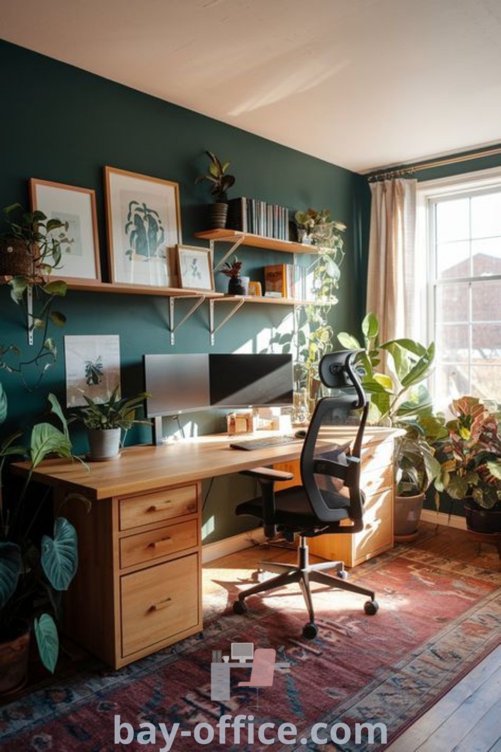 Cozy home office with green walls and plants on the desk, showcasing vintage decor and ergonomic setup ideas for small offices. Explore design trends and inspiring decor ideas that enhance productivity at bay-office.com.