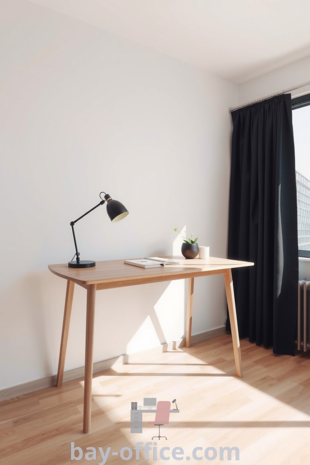 Minimalist home office featuring a wooden desk, sleek lamp, and natural light from an oversized window, designed to inspire productivity and creativity. Ideal decor ideas for small spaces that make home office work enjoyable. Discover more at bay-office.com.