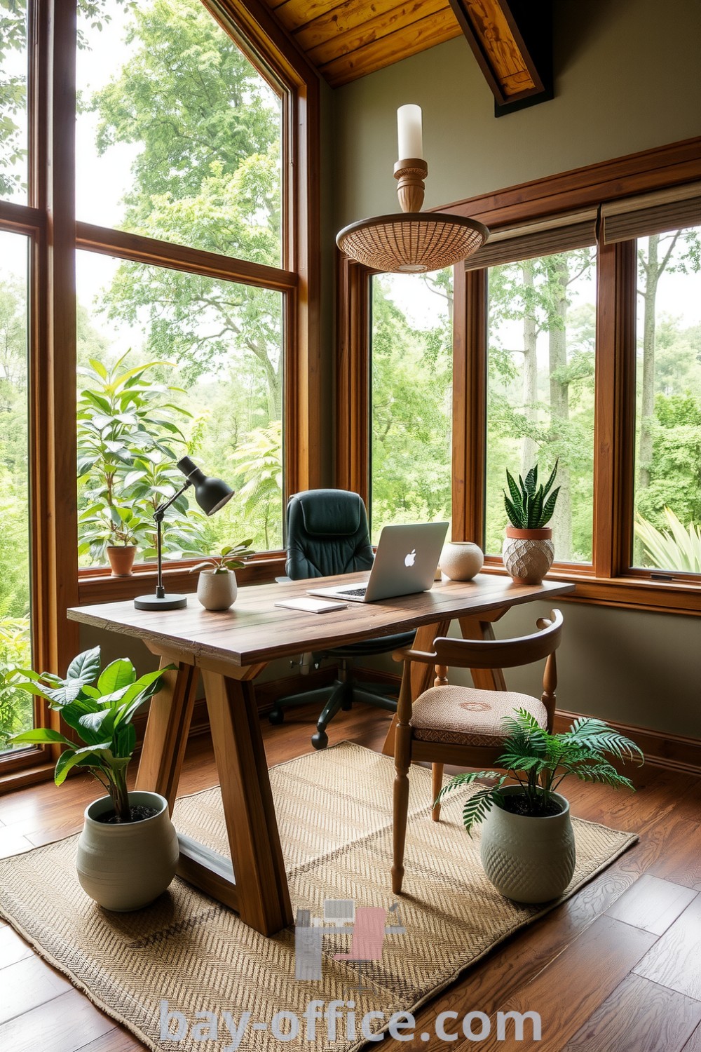 Nature-inspired home office featuring earthy tones, wooden accents, large windows with greenery views, and houseplants, creating a cozy and inspiring workspace ideal for productivity. Find more ideas at bay-office.com.