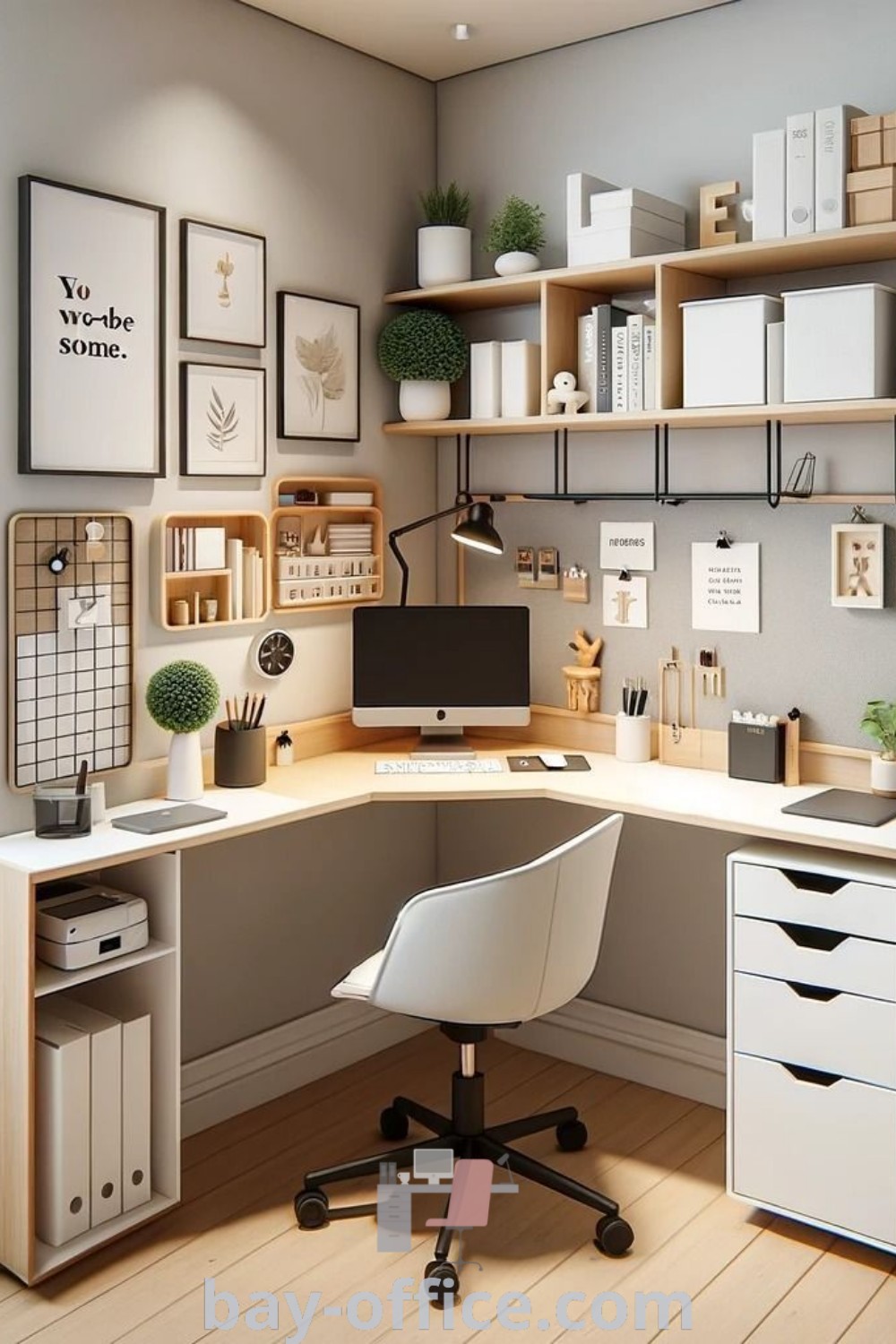 Cozy corner desk with computer in a home office, showcasing space-efficient design and decor ideas for small spaces. Perfect for home office area ideas and functions as a workspace that inspires productivity. Discover more at bay-office.com.
