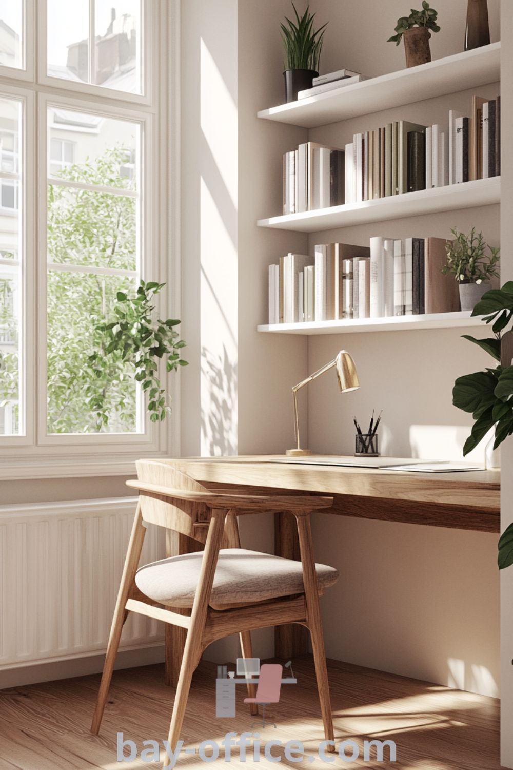 Cozy Scandinavian home office featuring a wooden desk, warm pink hues, white shelving with books and plants, creating an inviting atmosphere. Perfect for design tips that inspire productivity and functionality. Find more ideas at bay-office.com.