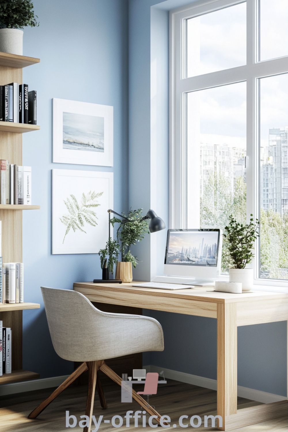 Scandinavian home office featuring tranquil blue hues, light wood accents, large window, sustainable furniture, and cozy decor with plants and books that inspire productivity and relaxation. Visit bay-office.com for more design tips.