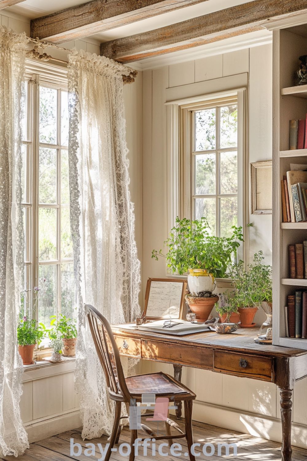 Cozy French country home office with rustic wooden beams, soft muted walls, vintage desk, potted herbs, and lace curtains, designed to inspire creativity. Perfect for a serene workspace or as a cozy guest bedroom. Explore design trends and decorating ideas at bay-office.com.