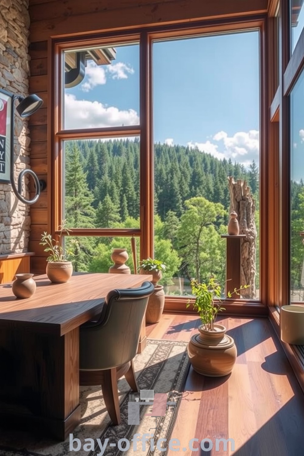 Cozy home office featuring large windows with forest views, a wooden desk, stone accent wall, and plants in ceramic pots, designed to inspire productivity and tranquility. Explore design tips and ideas at bay-office.com.