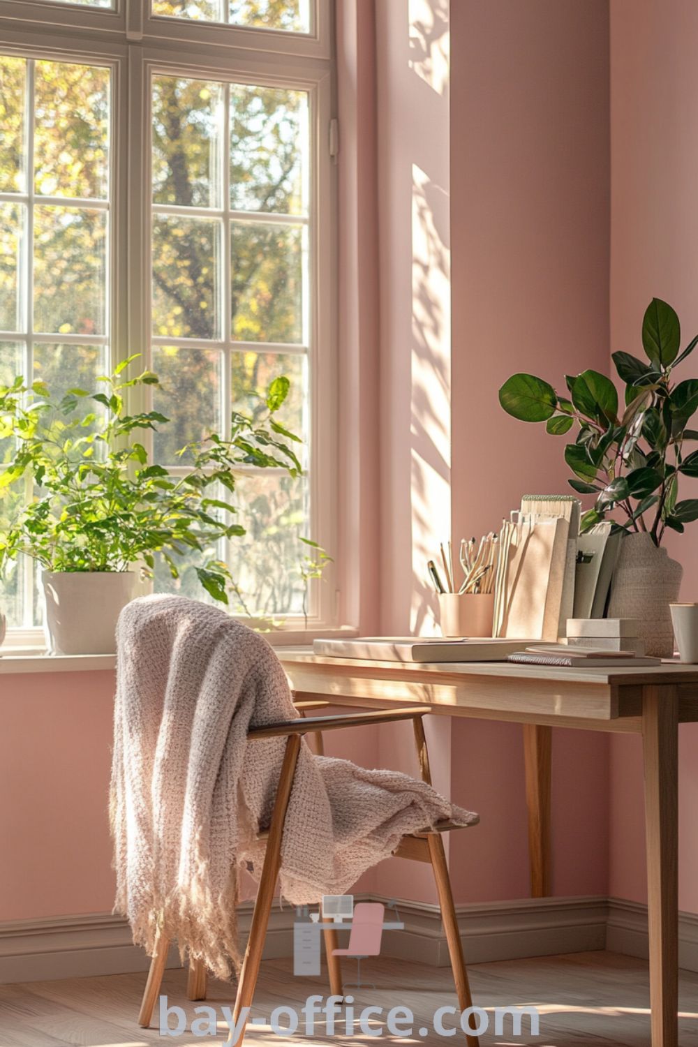 Bright indoor nature home office with soft pink walls, a wooden desk, cozy armchair, and potted plants creating a serene and inspiring atmosphere. Perfect decor ideas for small spaces to enhance productivity and comfort. Discover more at bay-office.com.