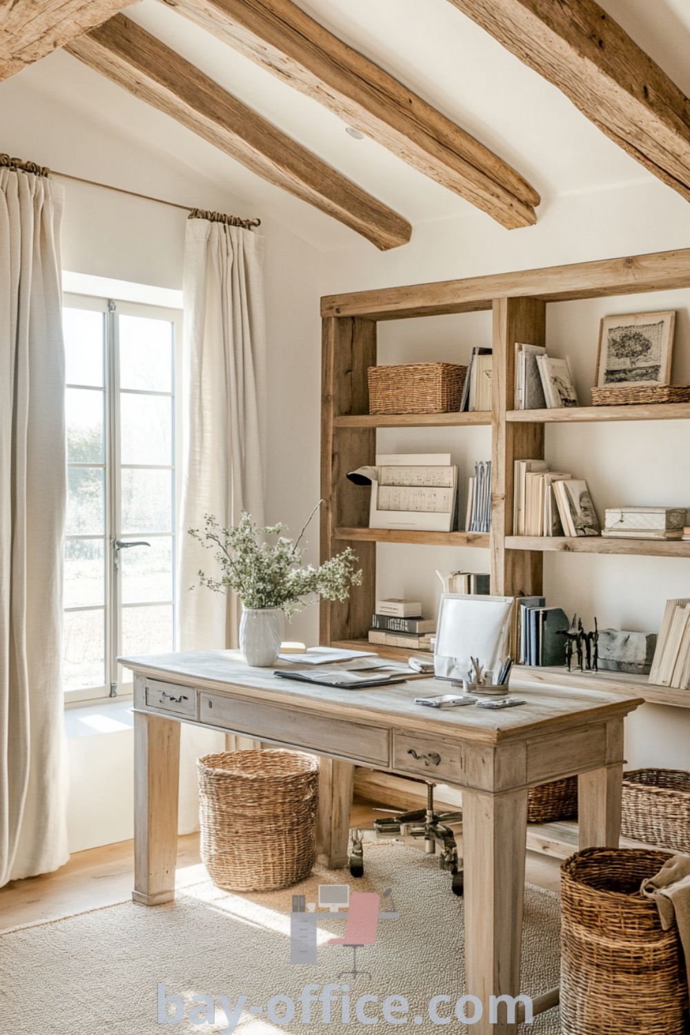 Elegant French country home office featuring rustic wooden beams, pastel walls, an oak desk by a sunny window, and vintage decor elements. A cozy and inspiring space that enhances productivity. Discover more stylish ideas at bay-office.com.