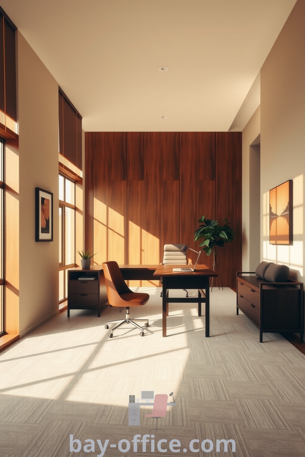 Minimalist corporate office bathed in natural light, featuring brown wooden furniture and a sleek desk, designed to inspire productivity and create a cozy environment. Explore more inspiring decor ideas for small spaces at bay-office.com.