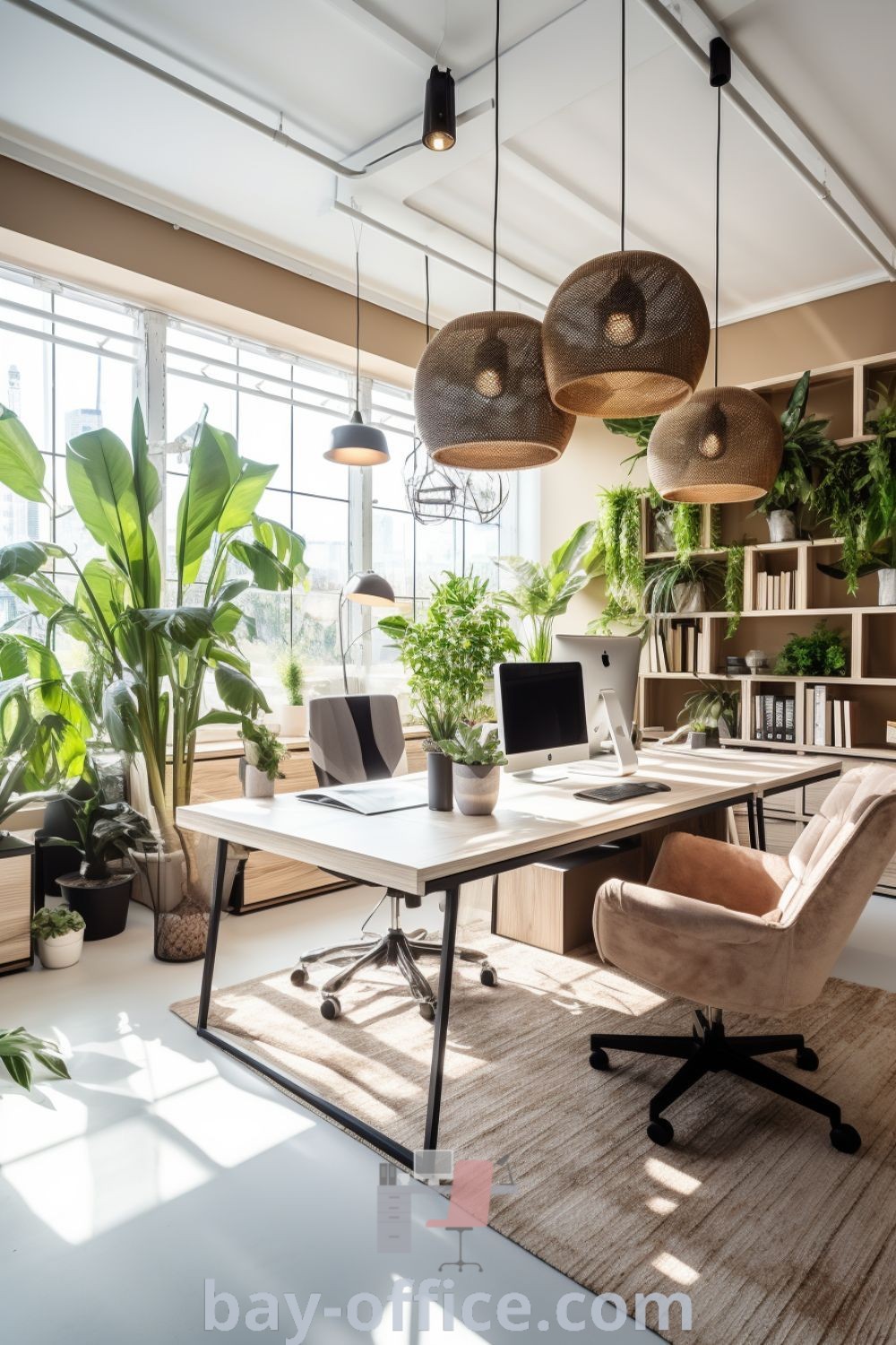 Cozy small home office setup featuring nature-themed decor, bright design elements, and functional workspace ideas for increased productivity. Explore inspiring office interior design tips and cozy aesthetic solutions for your home at bay-office.com.