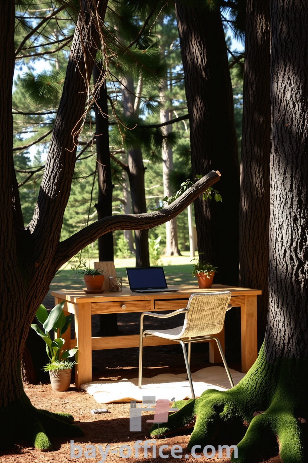 Nature-inspired home office nestled among trees, featuring a reclaimed wooden desk, potted plants, and cozy chair, designed to inspire creativity and tranquility. Find more inspiring decor ideas at bay-office.com.