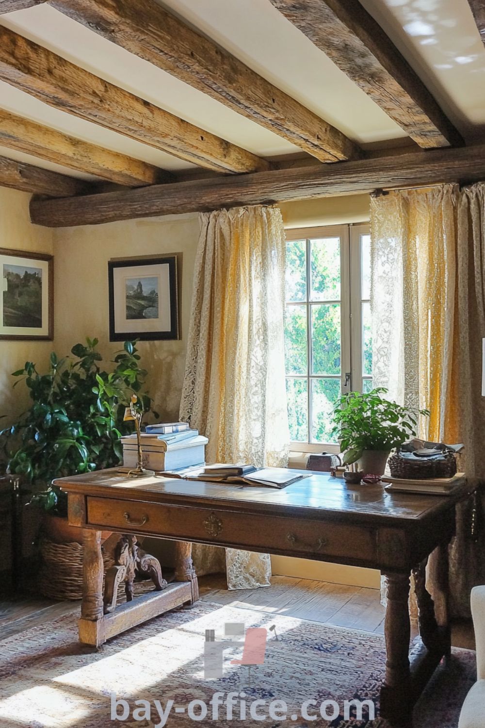 Elegantly designed French country home office featuring rustic wooden beams, an aged oak desk, and delicate lace curtains, creating a cozy atmosphere that inspires productivity. Explore more cozy aesthetic ideas and home office inspiration at bay-office.com.