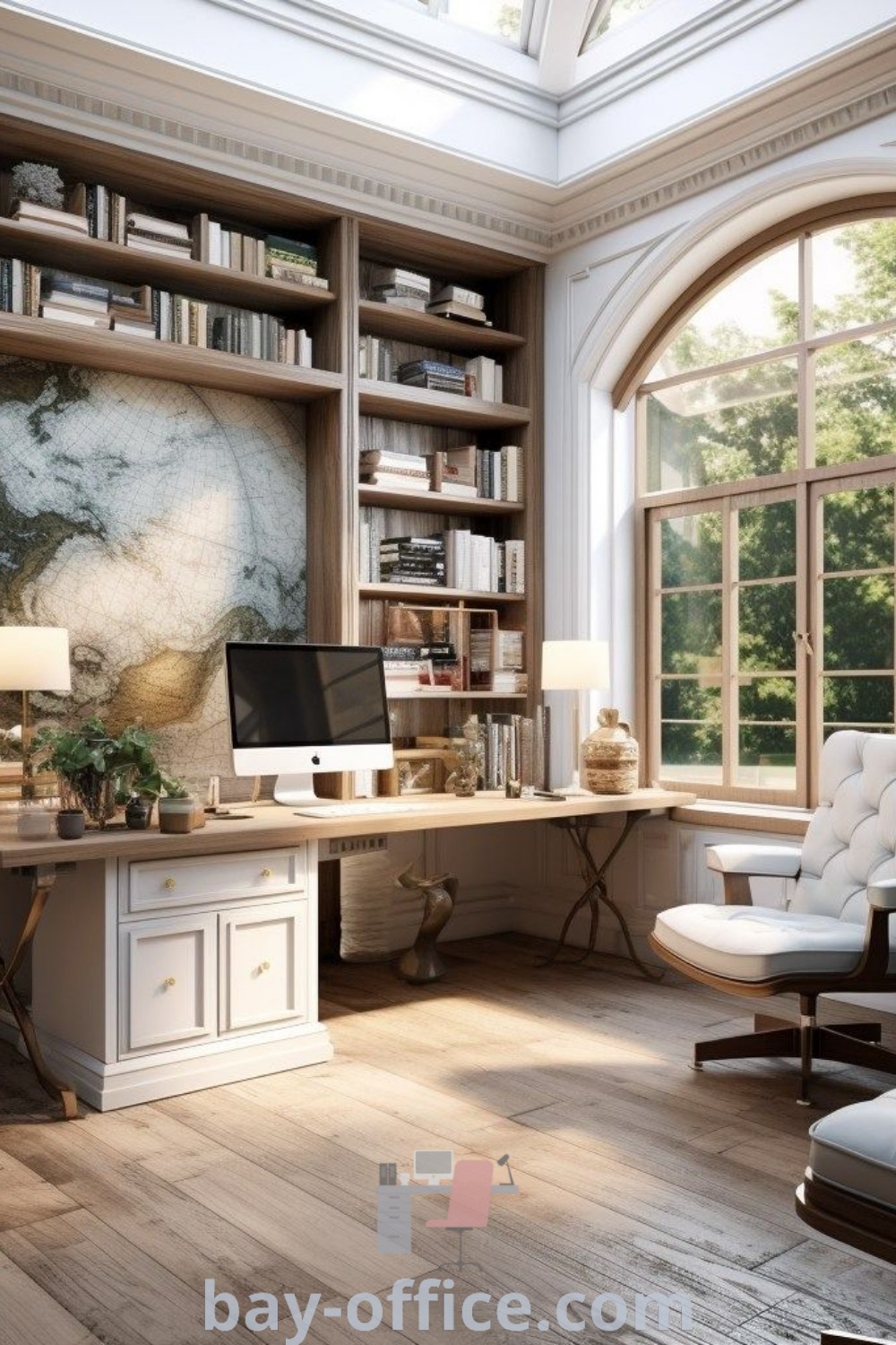 Charming French Country home office with bookshelves, desk, and chair by a large window, showcasing cozy aesthetic and inspiring decor ideas for small spaces. Enhance productivity and employee morale with these design tips at bay-office.com.