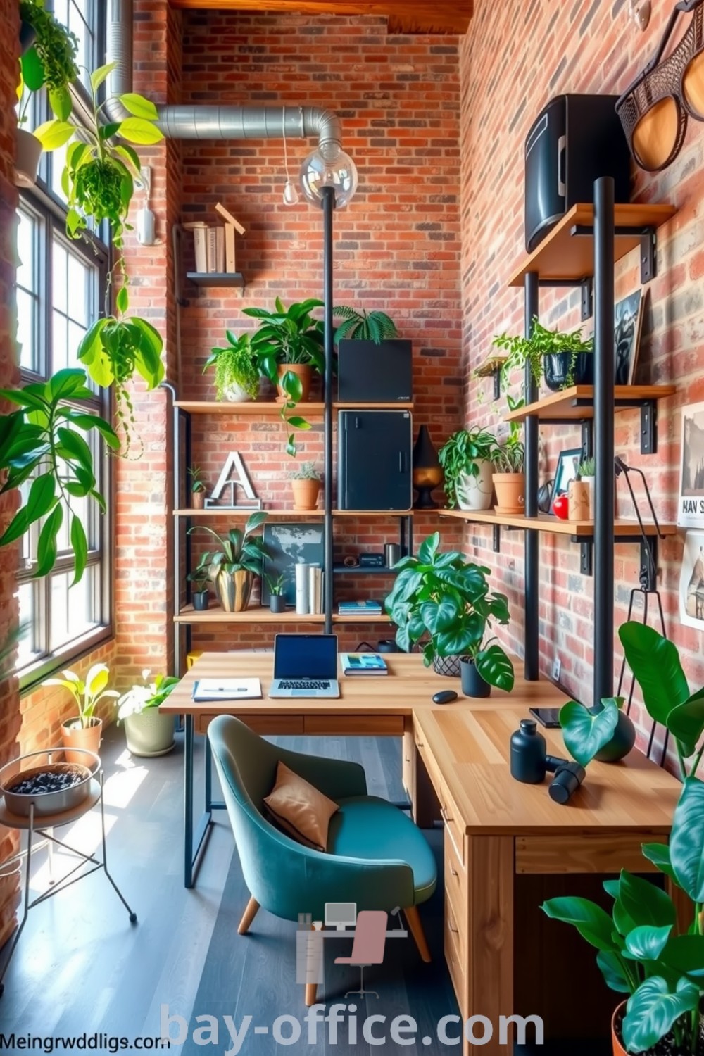 Cozy green-themed home office with exposed brick walls, wooden desk and shelves, abundant plants, and a comfortable armchair. This serene retreat inspires productivity and creativity, showcasing design ideas that will make you love working from home. Discover more design trends at bay-office.com.