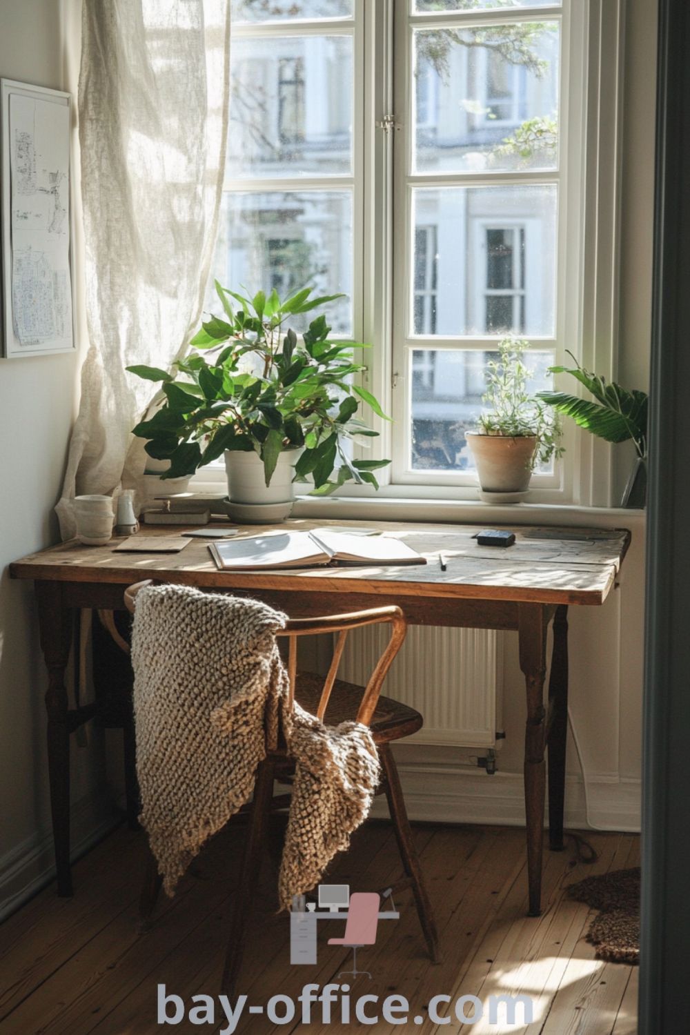 Cozy Scandinavian office space with pale wooden floors, rustic desk, and ample natural light, showcasing decor ideas that inspire productivity and comfort. Perfect for small spaces and design trends for home offices. Explore more at bay-office.com.
