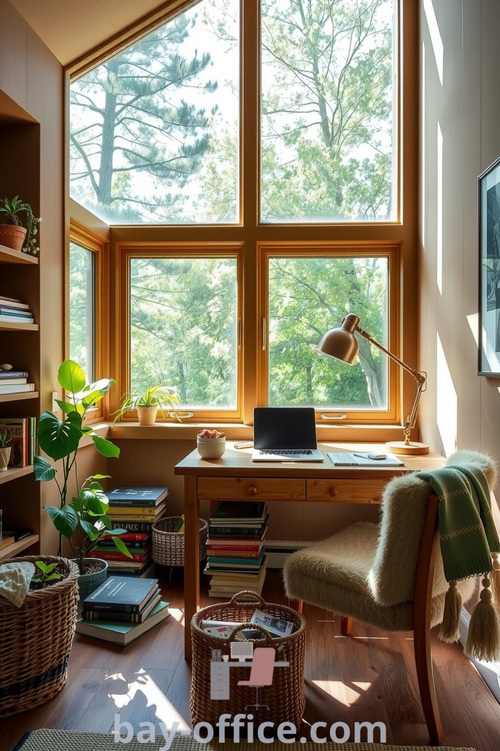 Nature-inspired home office featuring soft earth tones, a wooden desk, and large windows with views of trees, creating a serene and cozy aesthetic. Perfect for inspiring productivity and creativity. Explore more design tips at bay-office.com.
