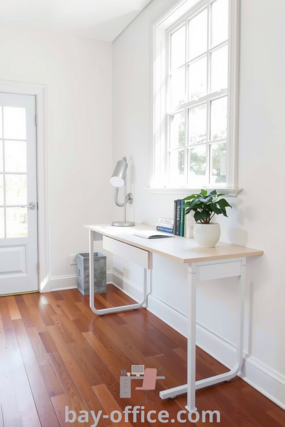 Minimalist home office featuring warm wooden floors, a simple desk with a metal lamp, books, and a potted plant, creating a cozy and inspiring workspace that enhances productivity. Discover more design tips at bay-office.com.