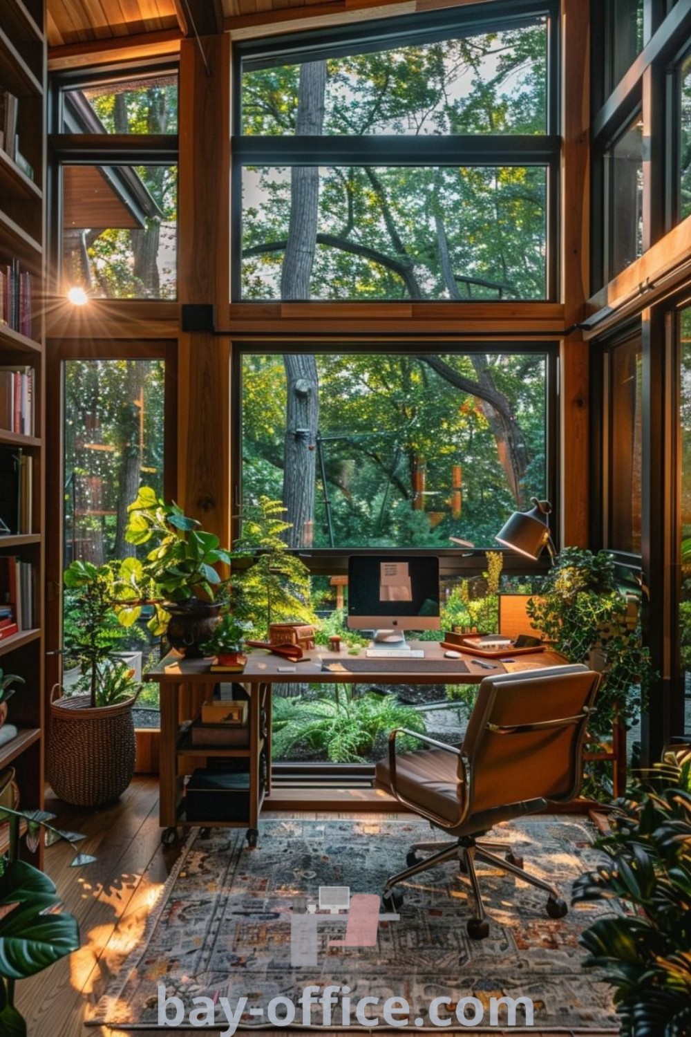 Nature home office with abundant plants, bookshelves, and large windows in a woodsy setting. Perfect for creating a cozy and inspiring workspace that enhances productivity. Explore more decor ideas for small spaces at bay-office.com.