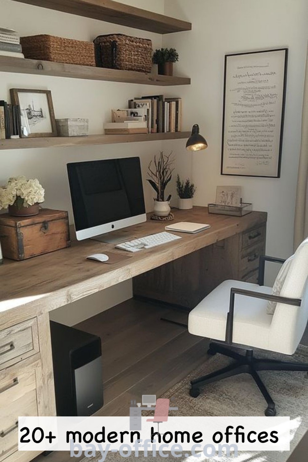 Home office with desk, computer, and shelves designed for productivity. Explore office setup ideas that inspire creativity and comfort in your work-from-home environment. Discover more design tips and decor ideas for small spaces at bay-office.com.