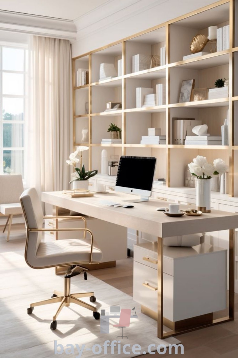 White desk and chair in a glam home office setting, showcasing luxurious decor and stylish organization ideas. Discover inspiring home office closet solutions and design tips at bay-office.com.