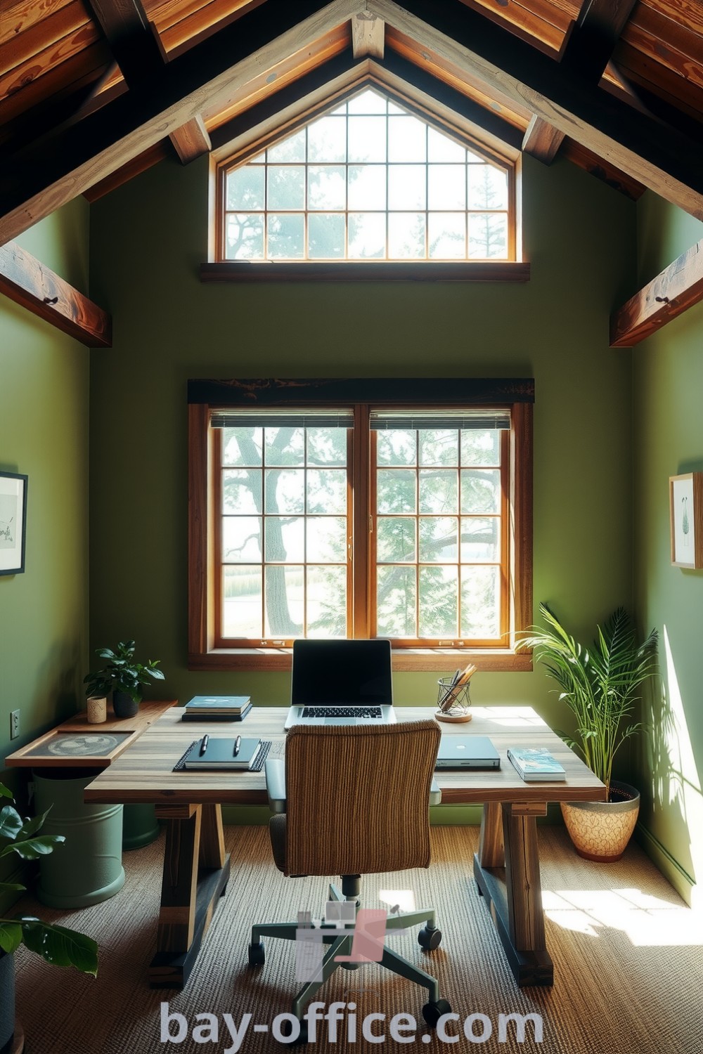 Nature-inspired home office featuring rustic wooden beams, moss green walls, reclaimed wood desk, and lush plants, designed to inspire tranquility and productivity. Discover more cozy decor ideas that will make you love working from home at bay-office.com.
