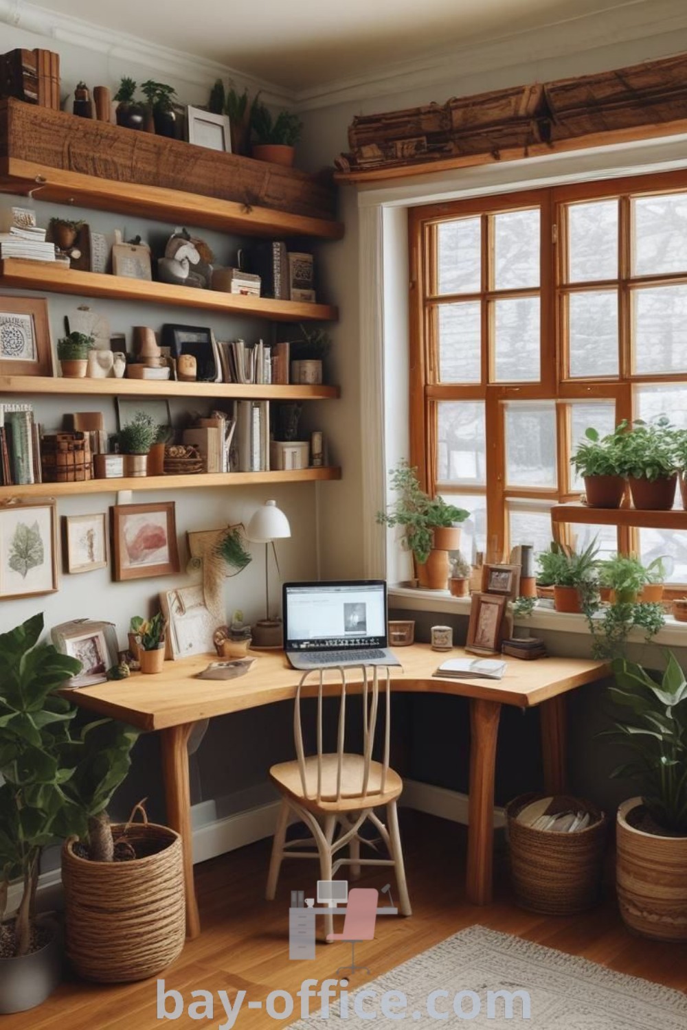 A cozy boho working space featuring a desk with a laptop, enhanced by potted plants in front of a sunlit window. Explore inspiring office ideas that promote productivity and comfort, ideal for small spaces. Discover more cozy design tips at bay-office.com.