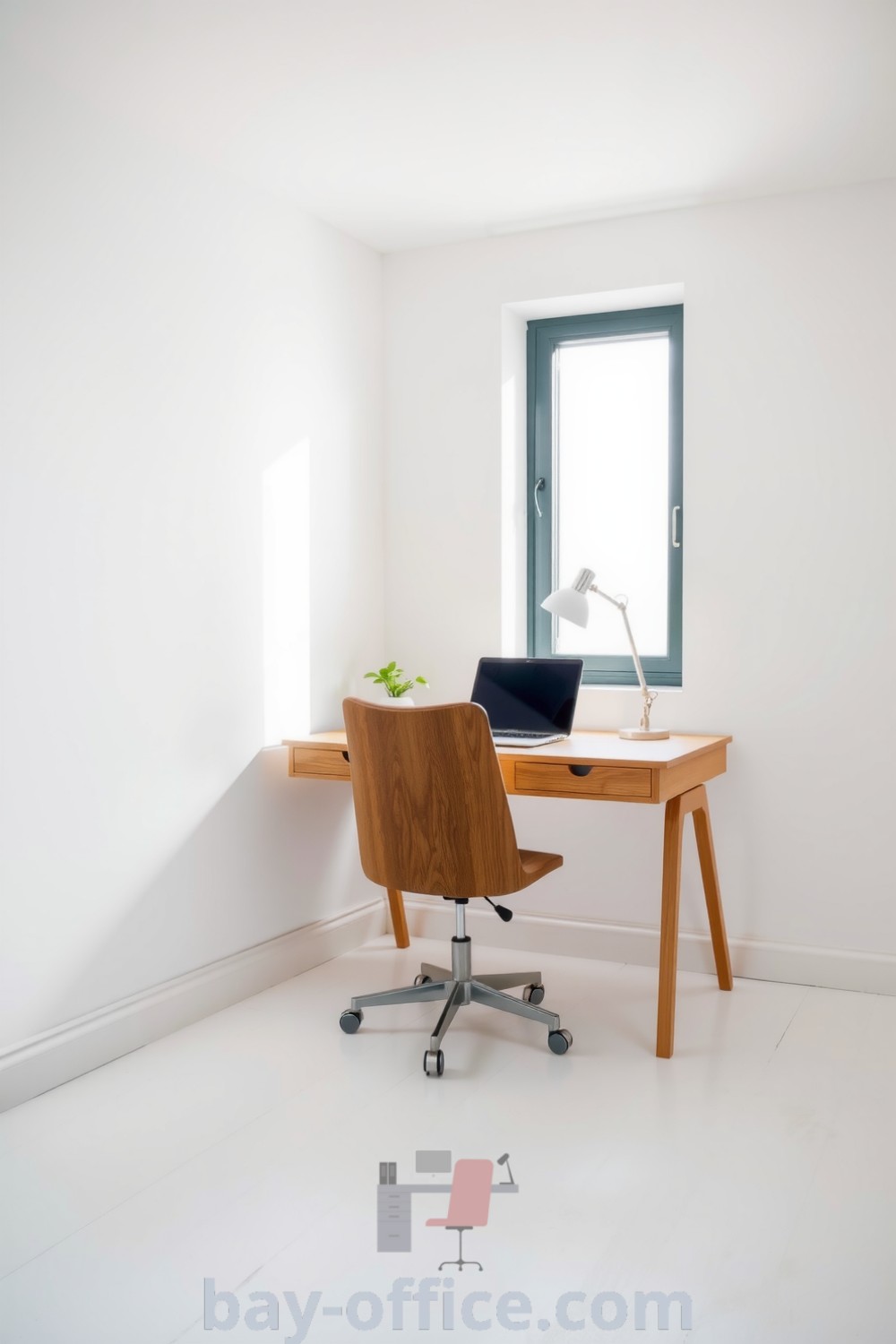 Minimalist home office with a wooden desk, cozy chair, and potted plant, showcasing a serene aesthetic perfect for inspiration and productivity. Ideal for decorating small spaces and enhancing the work-from-home experience. Explore more ideas at bay-office.com.