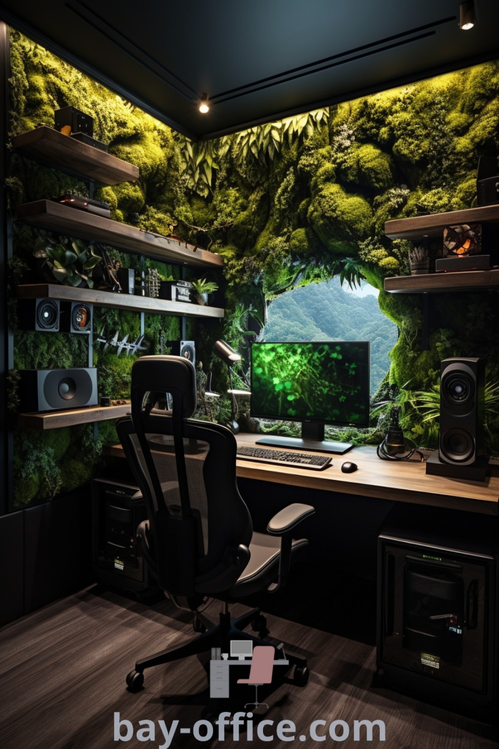 Nature office aesthetic featuring moss growing on walls and desk area, complemented by computer equipment. Explore inspiring office greenery, forest gaming room ideas, and cozy decor for your home office at bay-office.com.