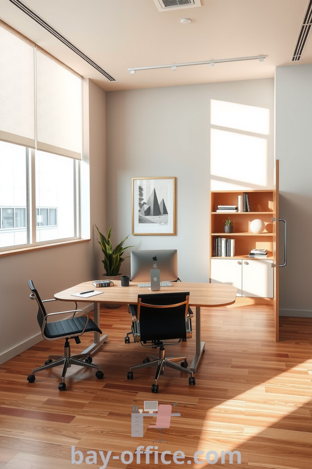 Minimalist corporate office with a calming beige palette, smooth wooden flooring, and natural light streaming through large windows. Features a well-organized desk and tasteful art for a sophisticated yet inviting atmosphere that enhances productivity. Discover more design tips at bay-office.com.