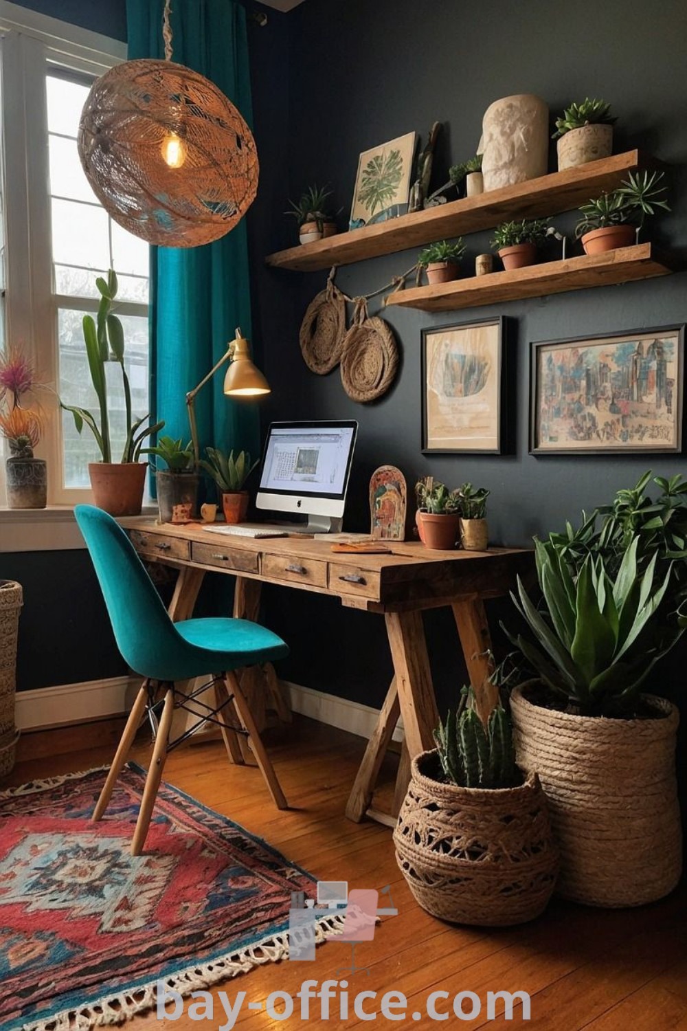Moody eclectic home office featuring plants, pictures on the wall, and dark boho decor. Explore southwestern office ideas and cozy aesthetics to inspire productivity at bay-office.com.