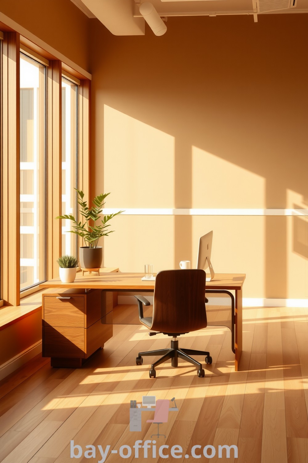 Minimalist corporate office in warm brown tones with large windows, natural light, wooden desk, streamlined chair, and potted plants, creating an inviting atmosphere for productivity and focus. Discover inspiring decor ideas at bay-office.com.