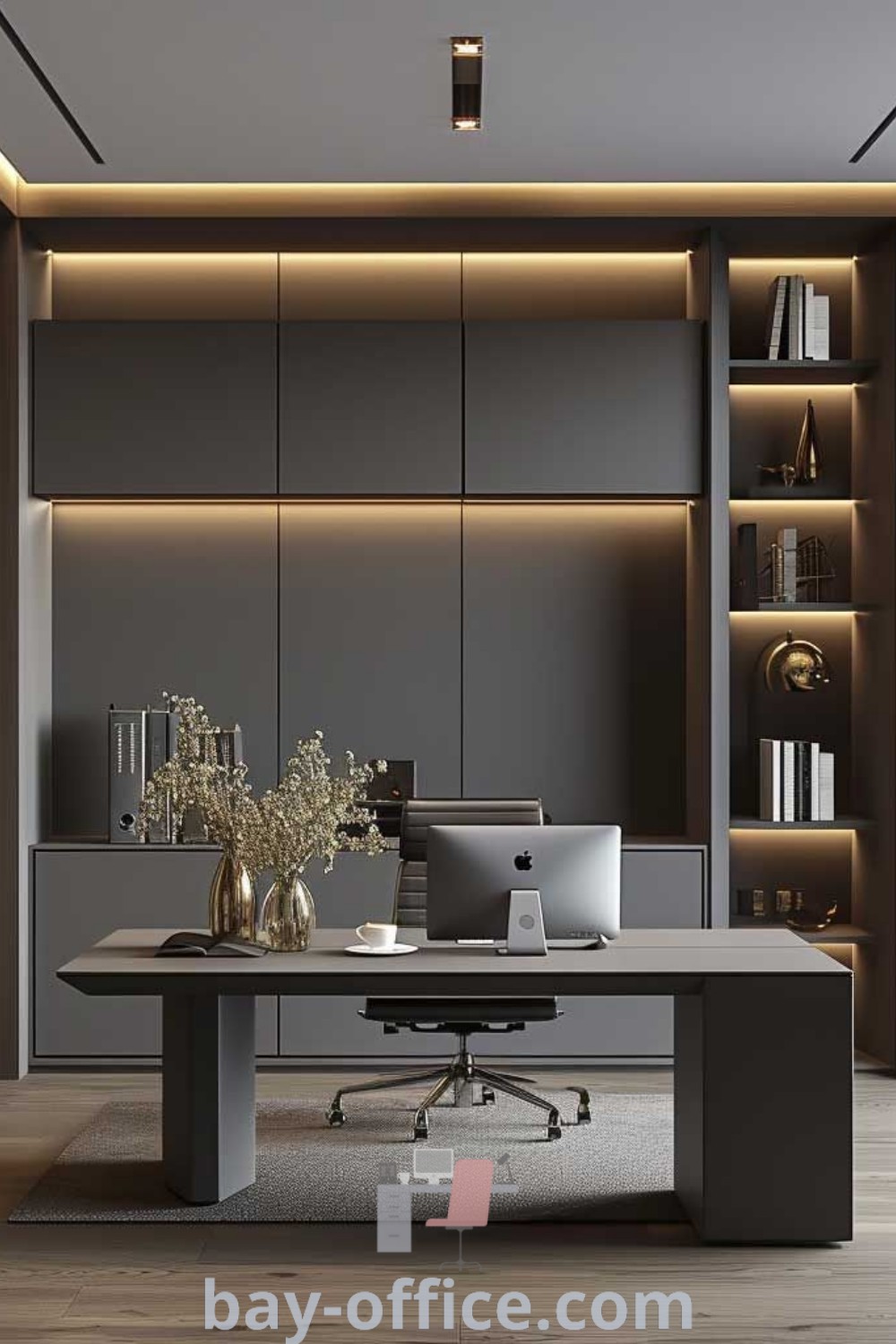 Industrial design office interior featuring a working desk, bookshelf, and large windows for a bright and inviting workspace. Discover working desk design ideas, office lounge area design, and more inspired decor ideas at bay-office.com.