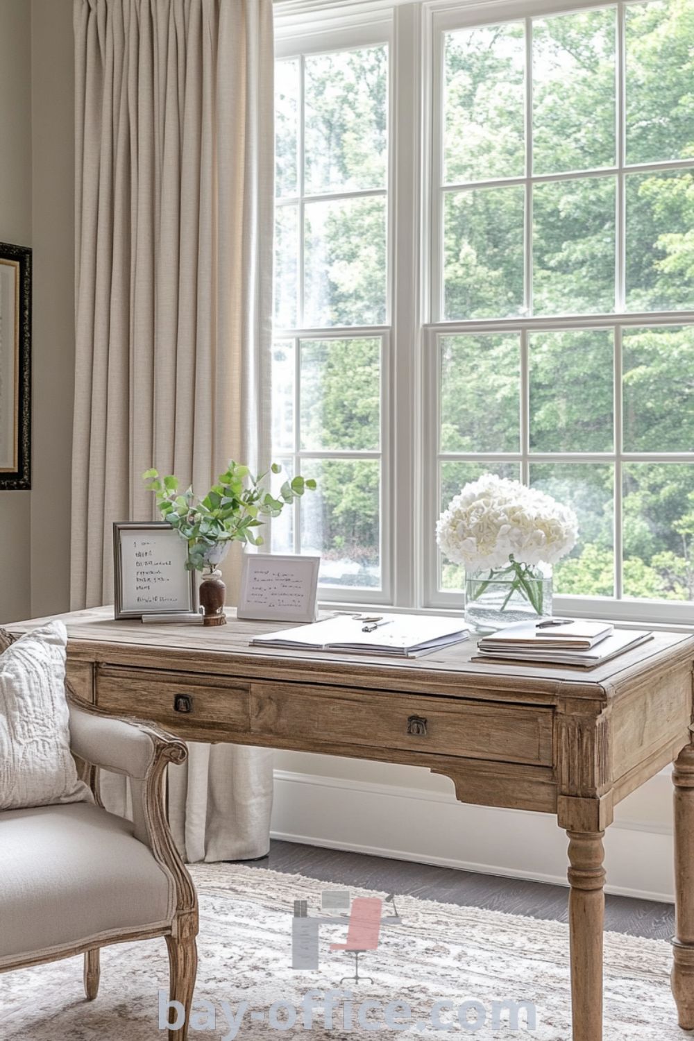 Elegant French country home office featuring rustic wooden furniture, large windows with soft linen drapes, and a cozy atmosphere filled with handwritten notes and fresh flowers. Perfect for boosting creativity and productivity. Discover inspiring decor ideas at bay-office.com.