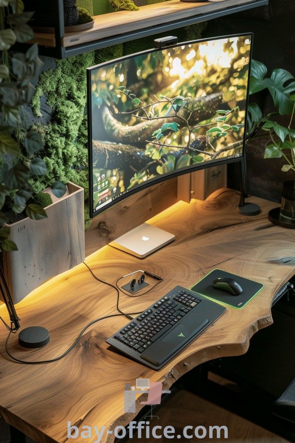 Wooden desk with a computer monitor and keyboard, surrounded by a potted plant, exemplifying a stylish 4 monitor desk setup for gaming or work. Explore inspiring decor ideas for small spaces at bay-office.com.