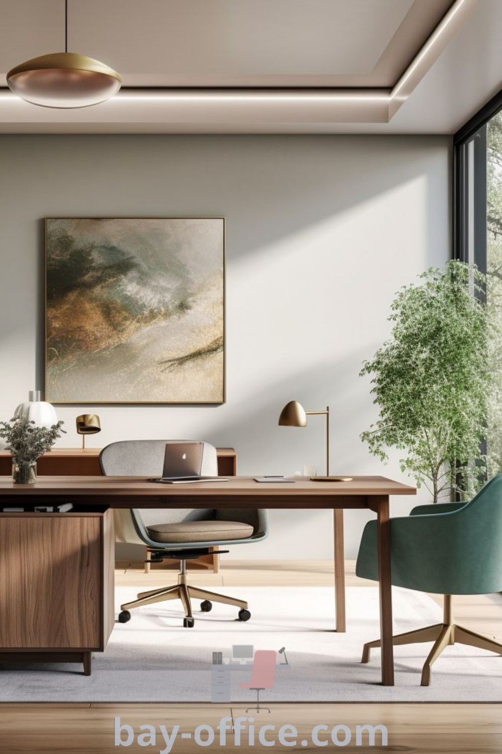 Organic modern office featuring a desk, chair, and potted plant by the window, showcasing design trends and decorating ideas for a natural office aesthetic. Explore cozy ideas that inspire productivity at bay-office.com.