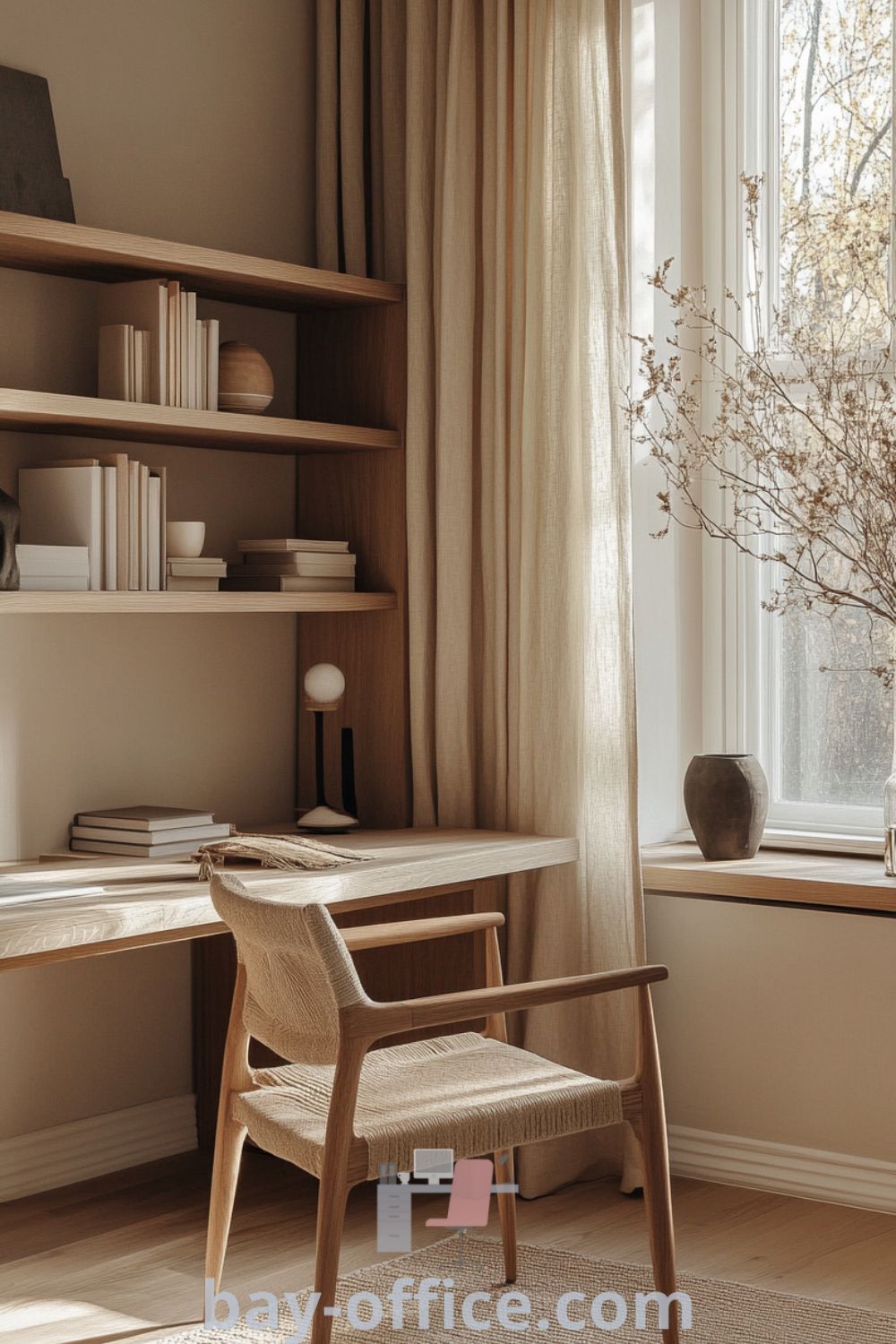 Scandinavian home office featuring warm beige walls, a light wood desk, comfortable seating, and natural light. This cozy aesthetic promotes productivity while providing decor ideas for small spaces. Discover more cozy design tips at bay-office.com.