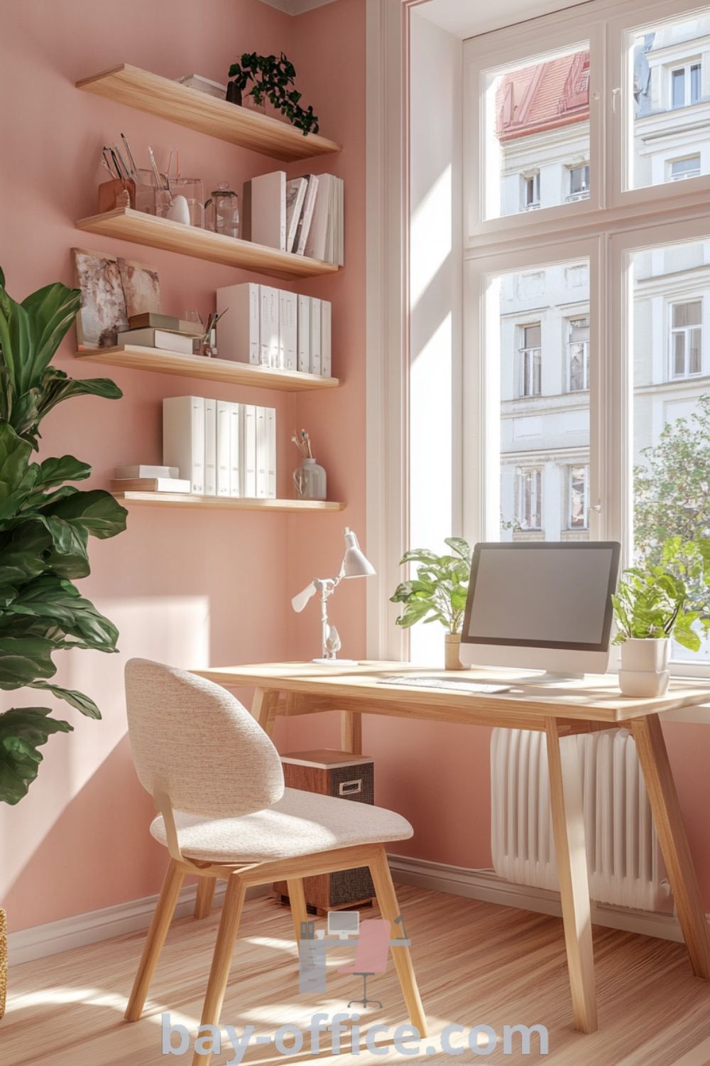 Scandinavian home office featuring soft pink walls, light wood furniture, and indoor plants, designed for comfort and productivity. Offers design tips for creating inviting spaces that inspire creativity and focus. Discover more ideas at bay-office.com.