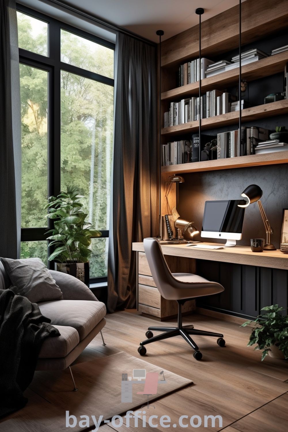 Stylish small office design featuring modern decor, maximizing space efficiency, and inspiring productivity for a comfortable work environment. Explore cozy aesthetic ideas and design trends at bay-office.com.