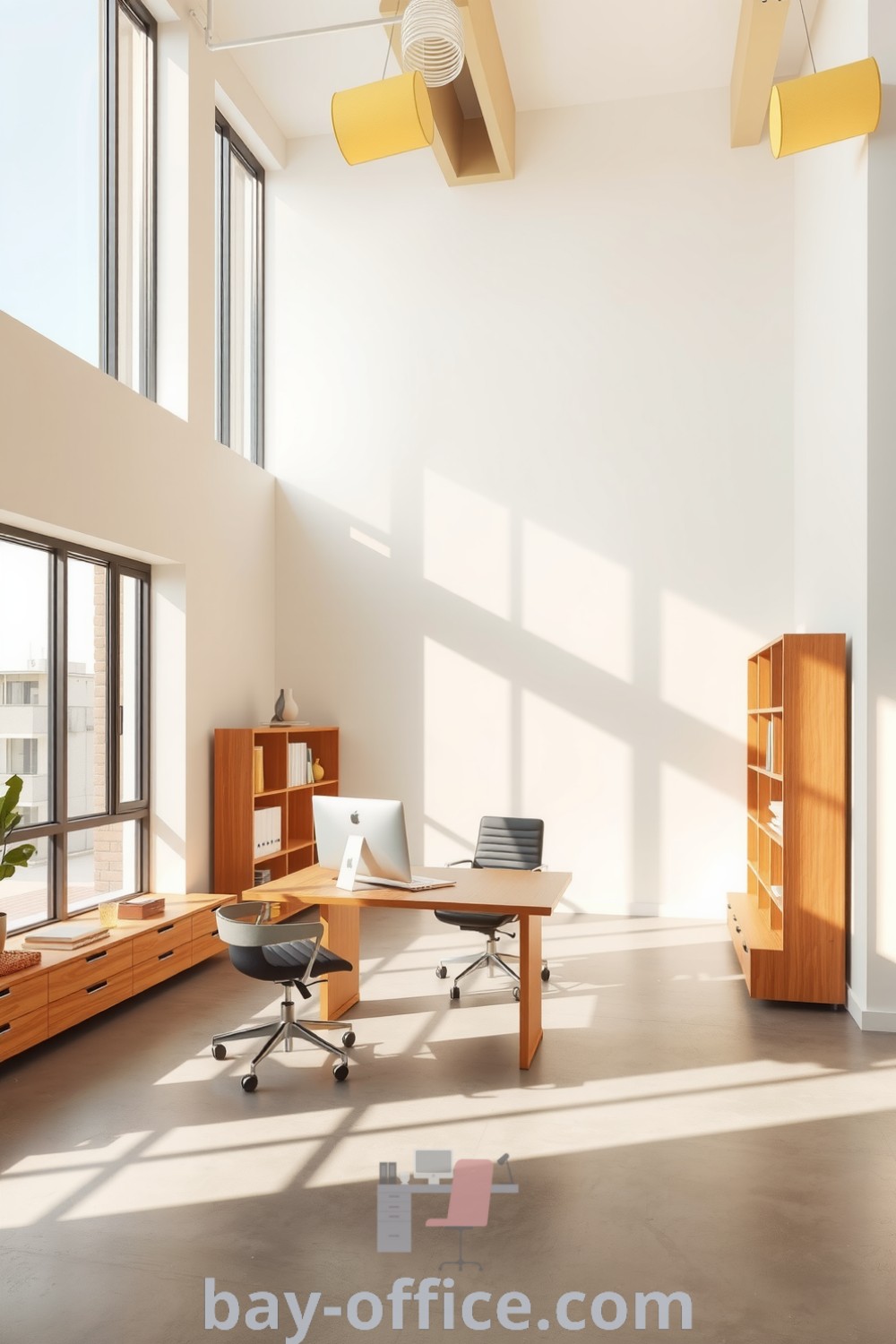 Minimalist corporate office with soft yellow accents, large windows, polished concrete floors, and wooden furniture, designed to create an inviting atmosphere conducive to productive work. Discover more inspiring decor ideas at bay-office.com.