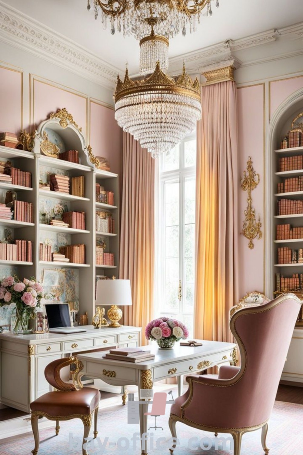 Elegant home office with pink and gold decor, featuring feminine design elements and inspiring organization tips for small spaces. Discover decor ideas for a luxurious office update at bay-office.com.