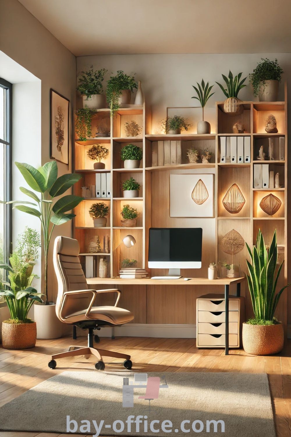 Biophilic home office featuring plants on shelves, creating a tranquil and inspiring workspace. Discover ideas you need to see for a calm work environment that blends nature with functionality. Explore more decorating ideas at bay-office.com.