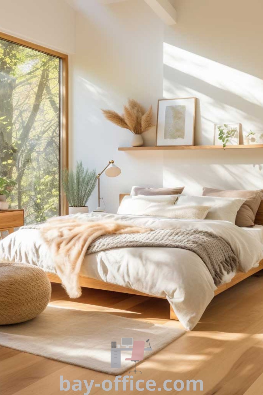 Scandinavian bedroom design featuring wood floors and white walls, showcasing minimalist decor and sophisticated bed designs. Perfect for cozy aesthetics and inspiring ideas for small spaces. Discover more at bay-office.com.
