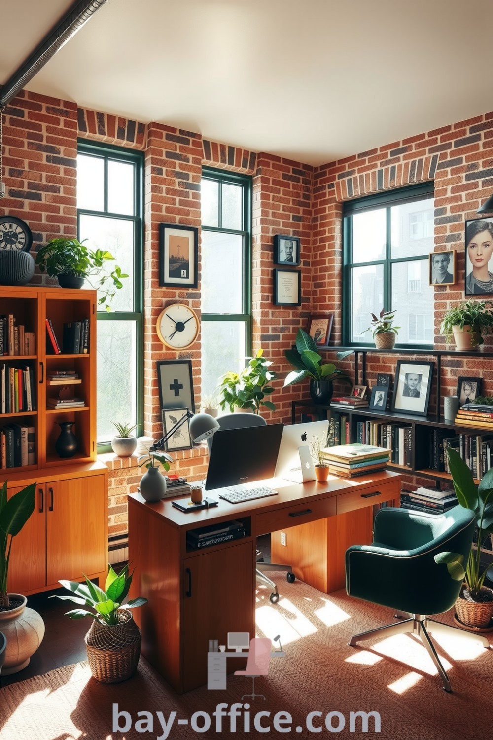 Cozy loft home office featuring green accents, exposed brick walls, warm wood furniture, vintage accessories, and potted plants, designed to inspire productivity and creativity. Perfect for anyone seeking a rejuvenating workspace. Discover more ideas at bay-office.com.