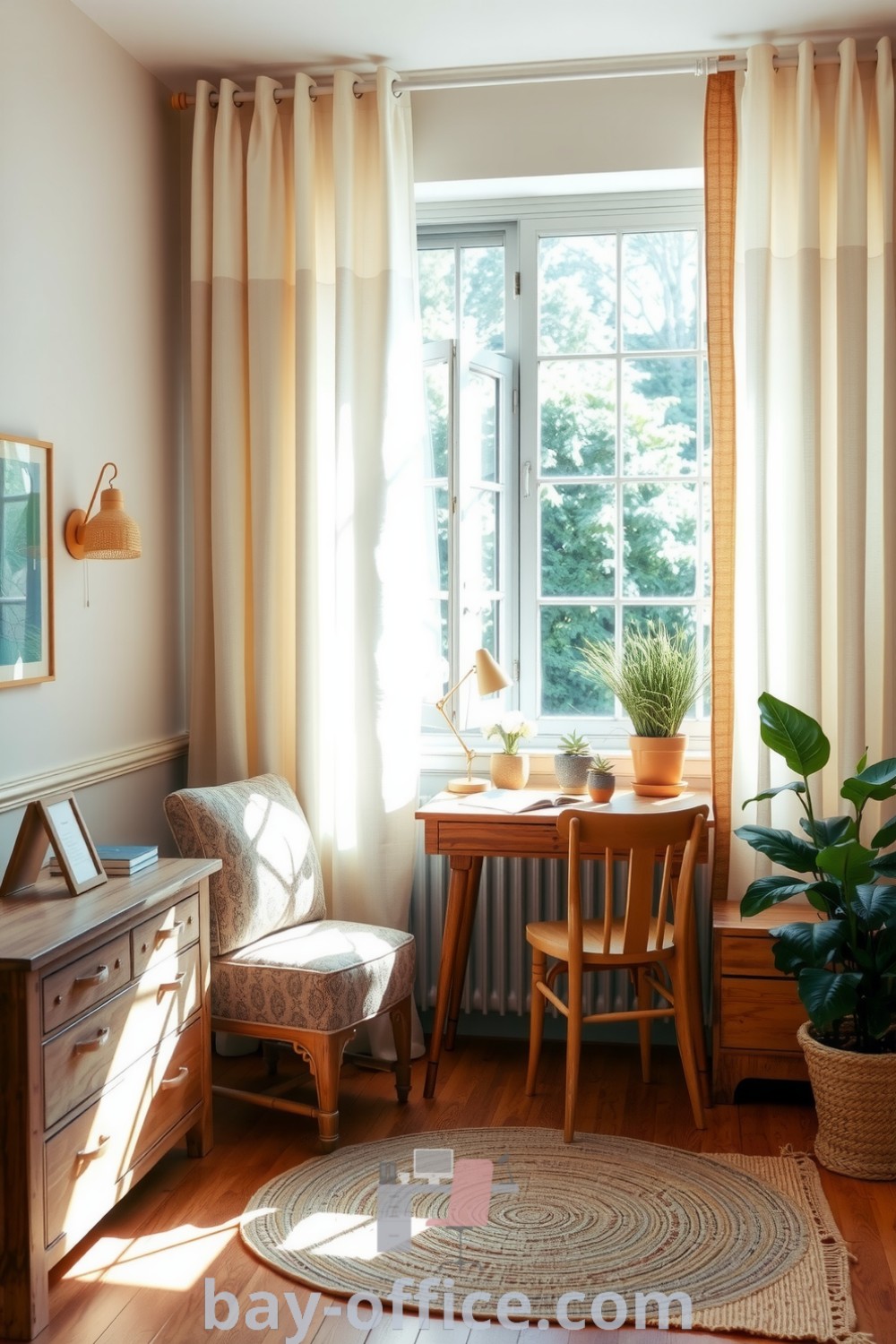 Nature-inspired home office with rustic wooden furniture, soft greens, and jute rug, capturing a cozy aesthetic that promotes productivity and comfort. Perfect design tips for small spaces that make working from home enjoyable. Explore more at bay-office.com.