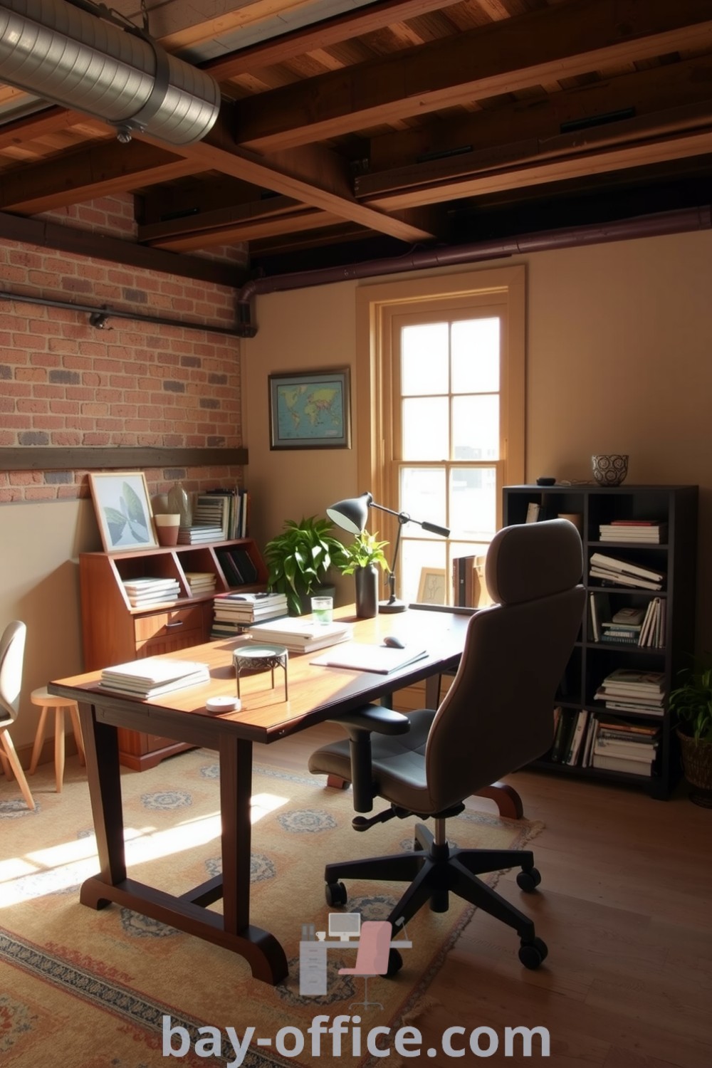Cozy loft home office featuring beige walls, exposed brick, and a wooden desk with natural light, designed for inspiration and productivity. Explore more inspiring ideas at bay-office.com.