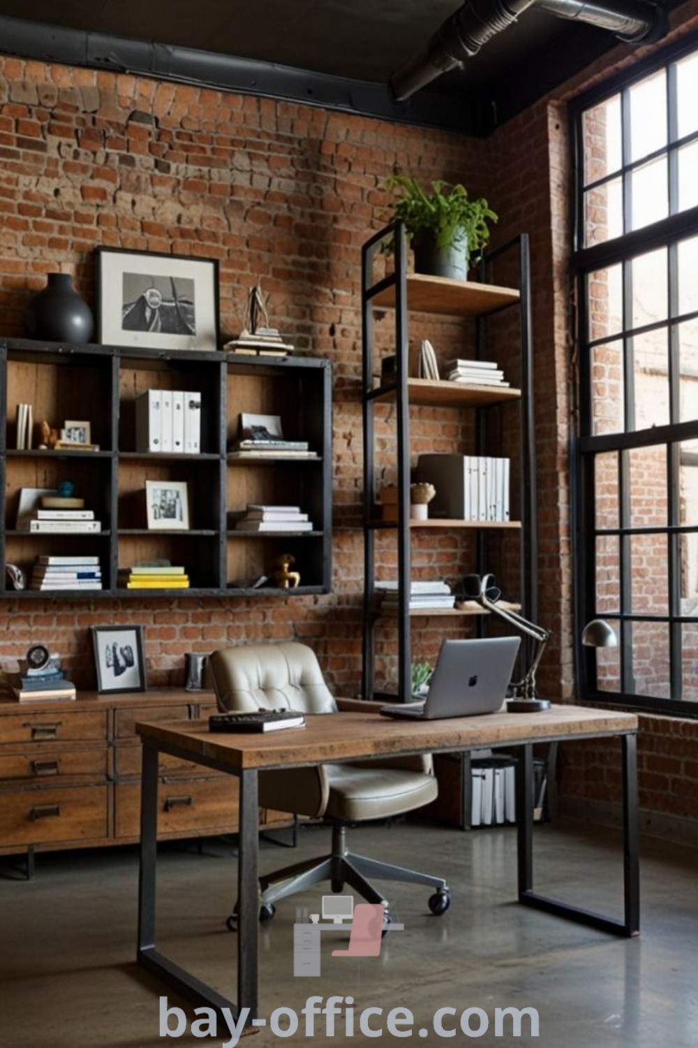 Mid Century Industrial office featuring brick walls, open shelving, and a two-person desk. Ideal for small spaces, this design combines vintage modern aesthetics with functionality, offering inspiring decor ideas for home offices at bay-office.com.