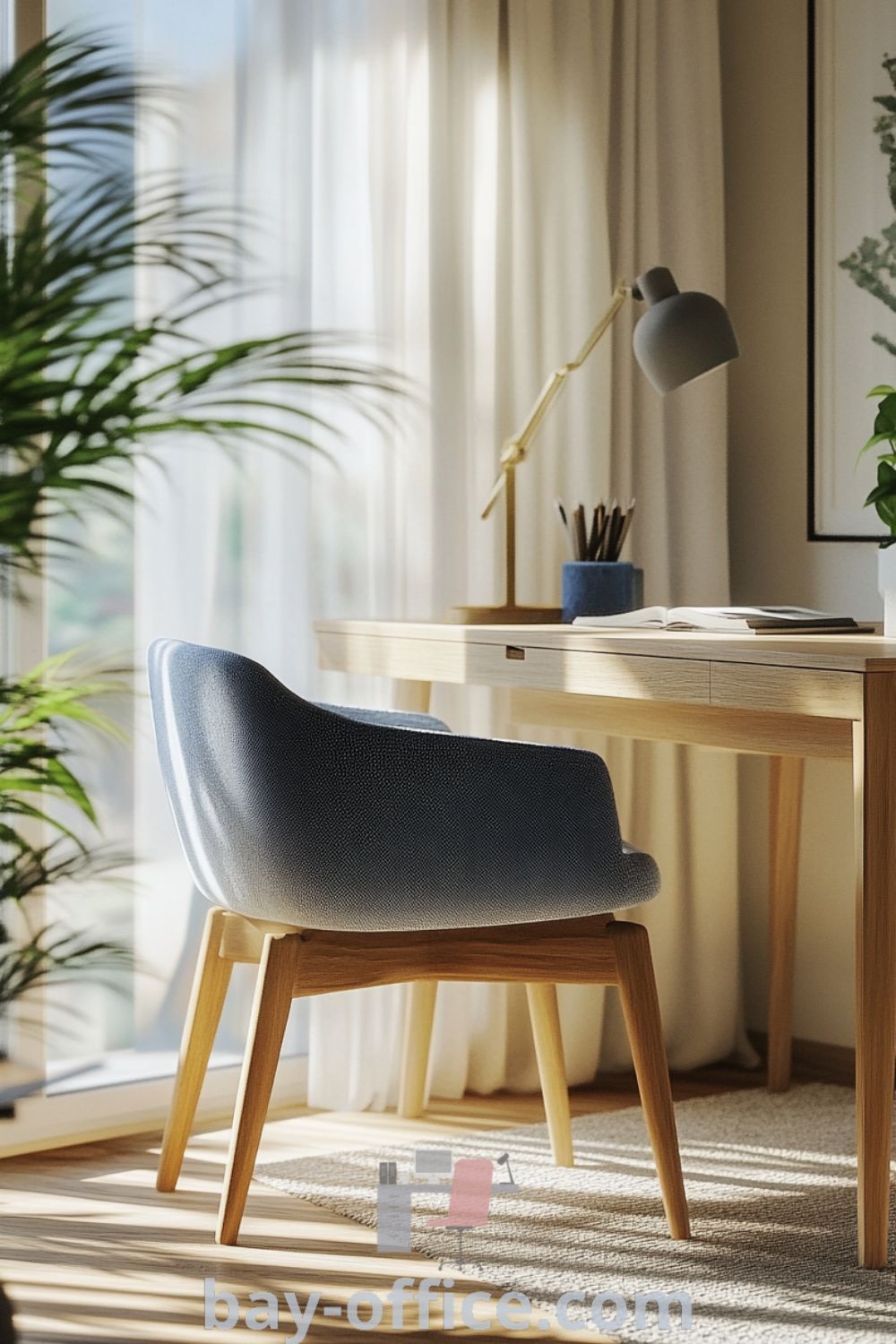 Scandinavian home office featuring natural wood tones, calming blue accents, and abundant natural light, creating a cozy and inspiring workspace. Ideal for boosting productivity and comfort. Explore more design ideas at bay-office.com.